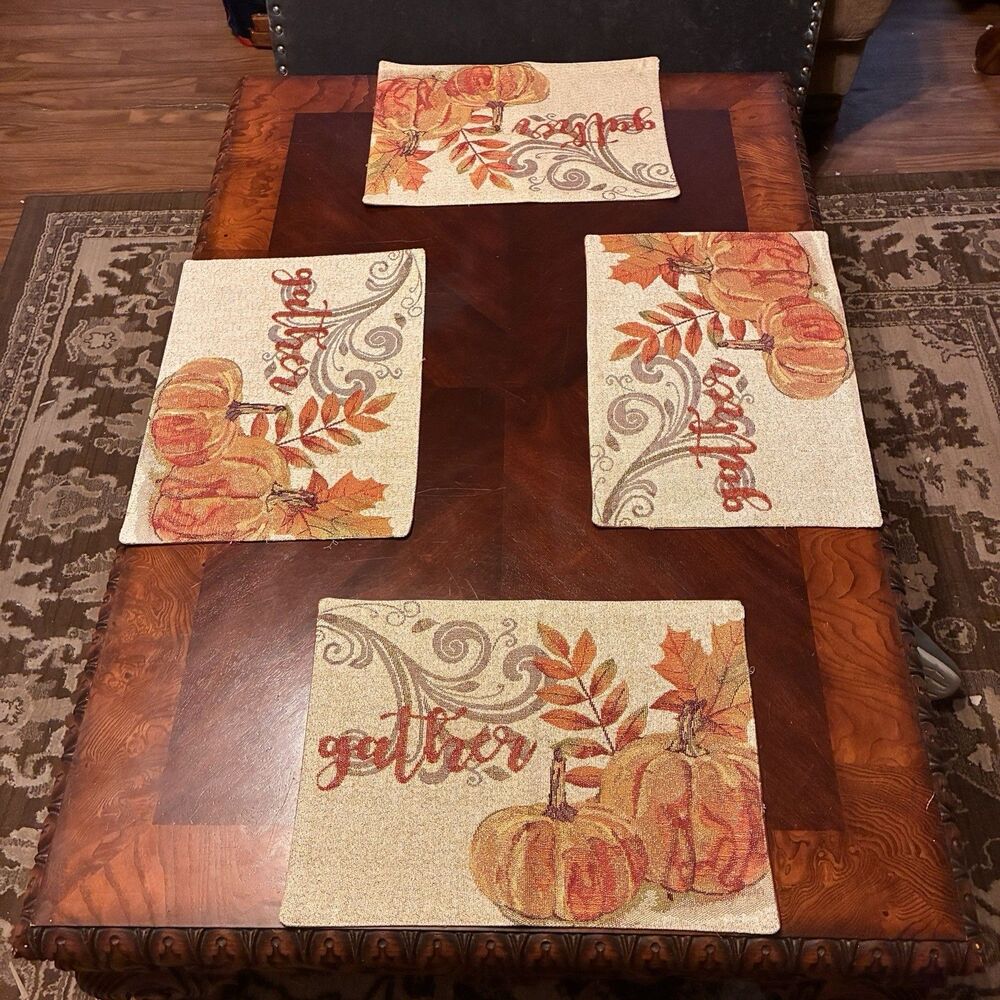 Fall Thanksgiving Placemats 4 piece set "gather" w/ pumpkins and leaves 18"x13"
